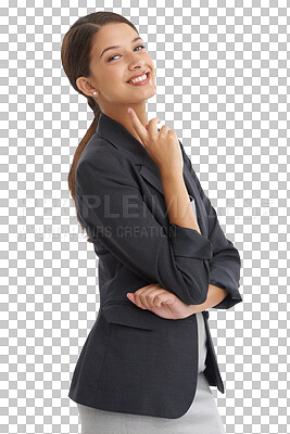 Buy stock photo Woman, portrait and business clothes for smile as confident employee, isolated on transparent png background. Indian person, consultant manager or face as style trend, dress code or formal pride suit