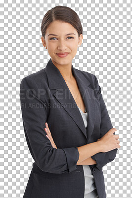 Buy stock photo Businesswoman, smile and confident portrait with arms crossed in transparent, isolated or png background. Happy, face and professional style of corporate woman, entrepreneur or manager with pride