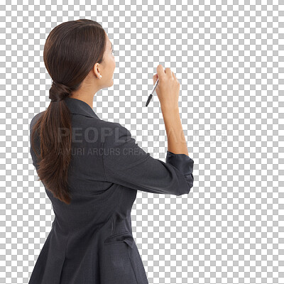 Buy stock photo Businesswoman, back and writing with pen for employee, management and isolated on transparent png background. Boss, corporate and confident with marker, young and formal wear for job, expert and work