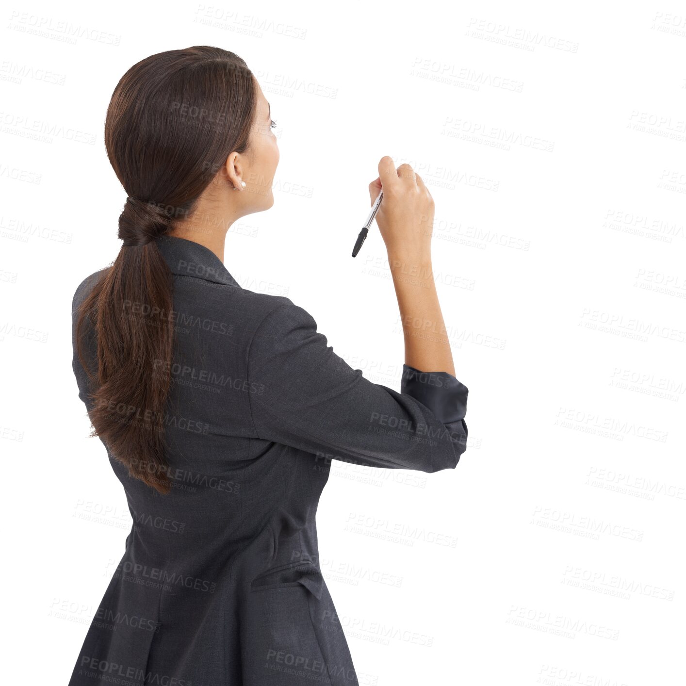 Buy stock photo Businesswoman, back and writing with pen for employee, management and isolated on transparent png background. Boss, corporate and confident with marker, young and formal wear for job, expert and work