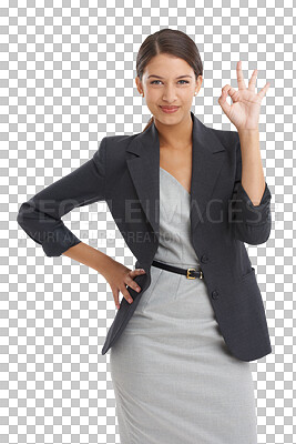 Buy stock photo Portrait, ok hands and business woman, excellence and confidence isolated on a transparent png background. Professional, okay sign and quality recommendation, perfect or success, support and feedback