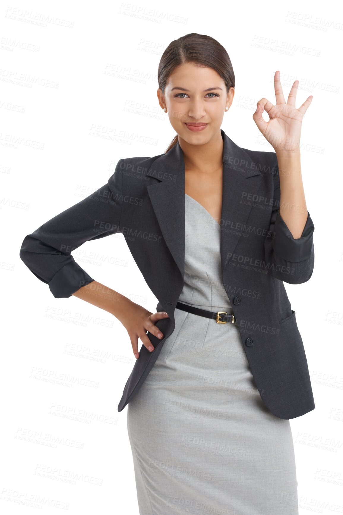 Buy stock photo Portrait, ok hands and business woman, excellence and confidence isolated on a transparent png background. Professional, okay sign and quality recommendation, perfect or success, support and feedback