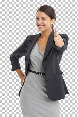 Buy stock photo Portrait, smile and business woman with thumbs up for review, success or achievement. Happy professional, like hand sign and agreement of feedback, winner and isolated on a transparent png background