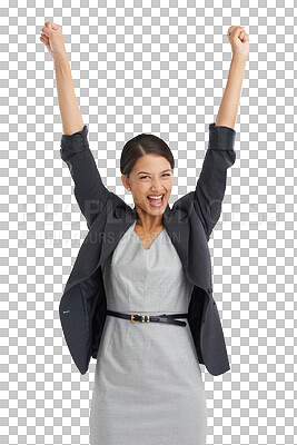 Buy stock photo Business woman, winner and portrait for success, corporate and career achievement or celebration. Female person, motivation and excited for bonus, promotion and isolated on transparent png background