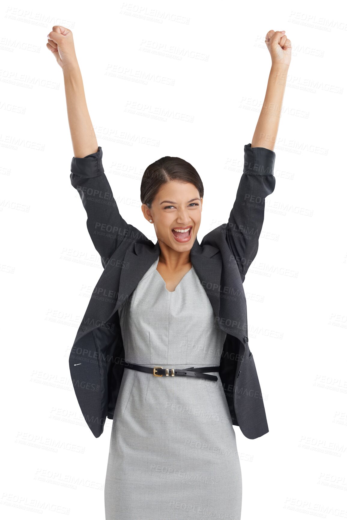 Buy stock photo Business woman, winner and portrait for success, corporate and career achievement or celebration. Female person, motivation and excited for bonus, promotion and isolated on transparent png background