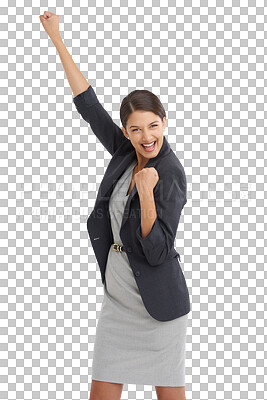 Buy stock photo Business woman, winner and portrait for achievement, corporate and career success or celebrate. Female person, motivation and yes for promotion, opportunity and isolated on transparent png background