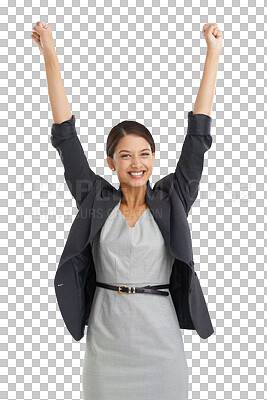 Buy stock photo Business woman, winner and portrait for celebration, corporate and career achievement or success. Female person, motivation and excited for bonus, promotion and isolated on transparent png background