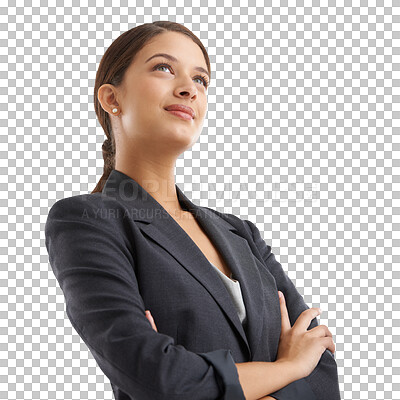 Buy stock photo Businesswoman, thinking and confidence or pride as work manager, isolated on transparent png background. Indian person, consultant and thoughts for future growth or company progress, vision or goal