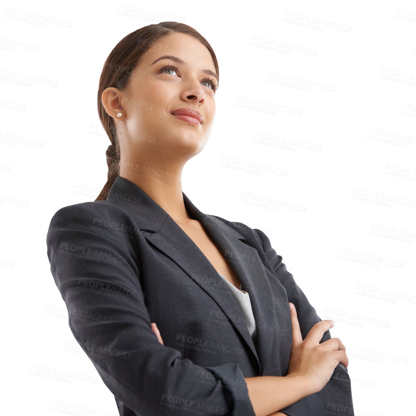 Buy stock photo Businesswoman, thinking and confidence or pride as work manager, isolated on transparent png background. Indian person, consultant and thoughts for future growth or company progress, vision or goal