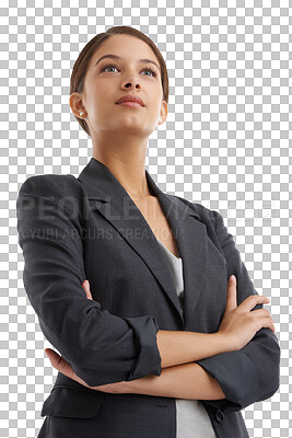 Buy stock photo Business woman, arms crossed and pride for career, confidence and smile for success in company. Happy female person, thinking and vision for growth, future and isolated on transparent png background