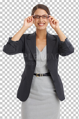 Buy stock photo Woman, portrait and glasses for corporate wear, elegant and fashion on isolated transparent png background. Smile, accountant and happy with outfit, eyewear and alone for job, style or businesswoman