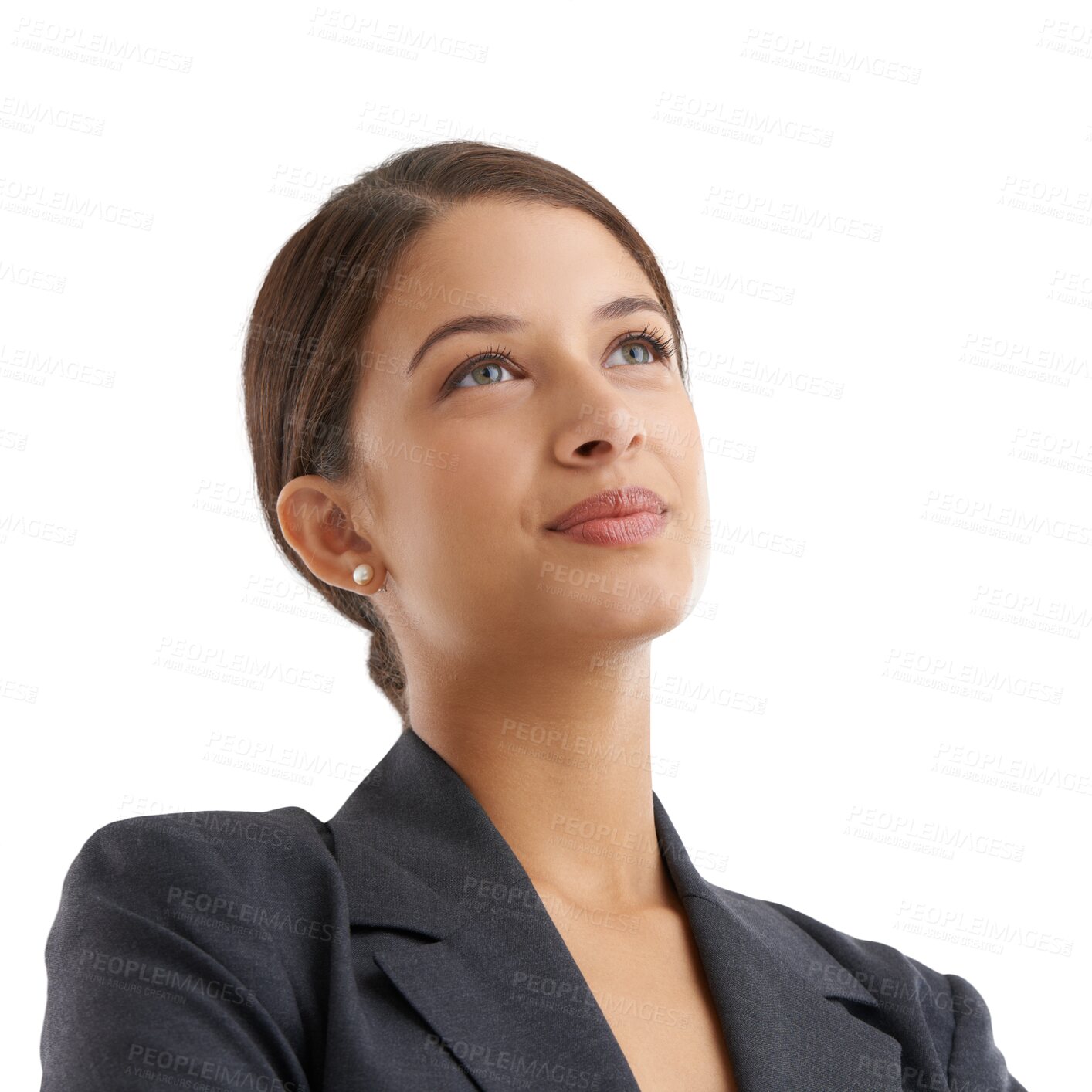 Buy stock photo Thinking, business or woman with opportunity, solution or problem solving isolated on transparent background. Person, lawyer or worker with idea, choice or brainstorming with png, future or decision