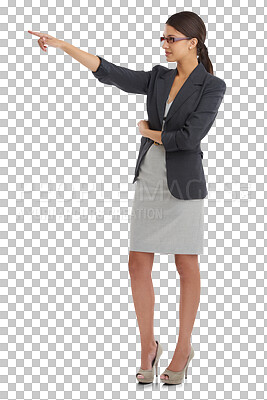 Buy stock photo Promotion, business and woman with opportunity, pointing and employee isolated on transparent background. Person, model and accountant with hand gesture, professional and decision with choice and png