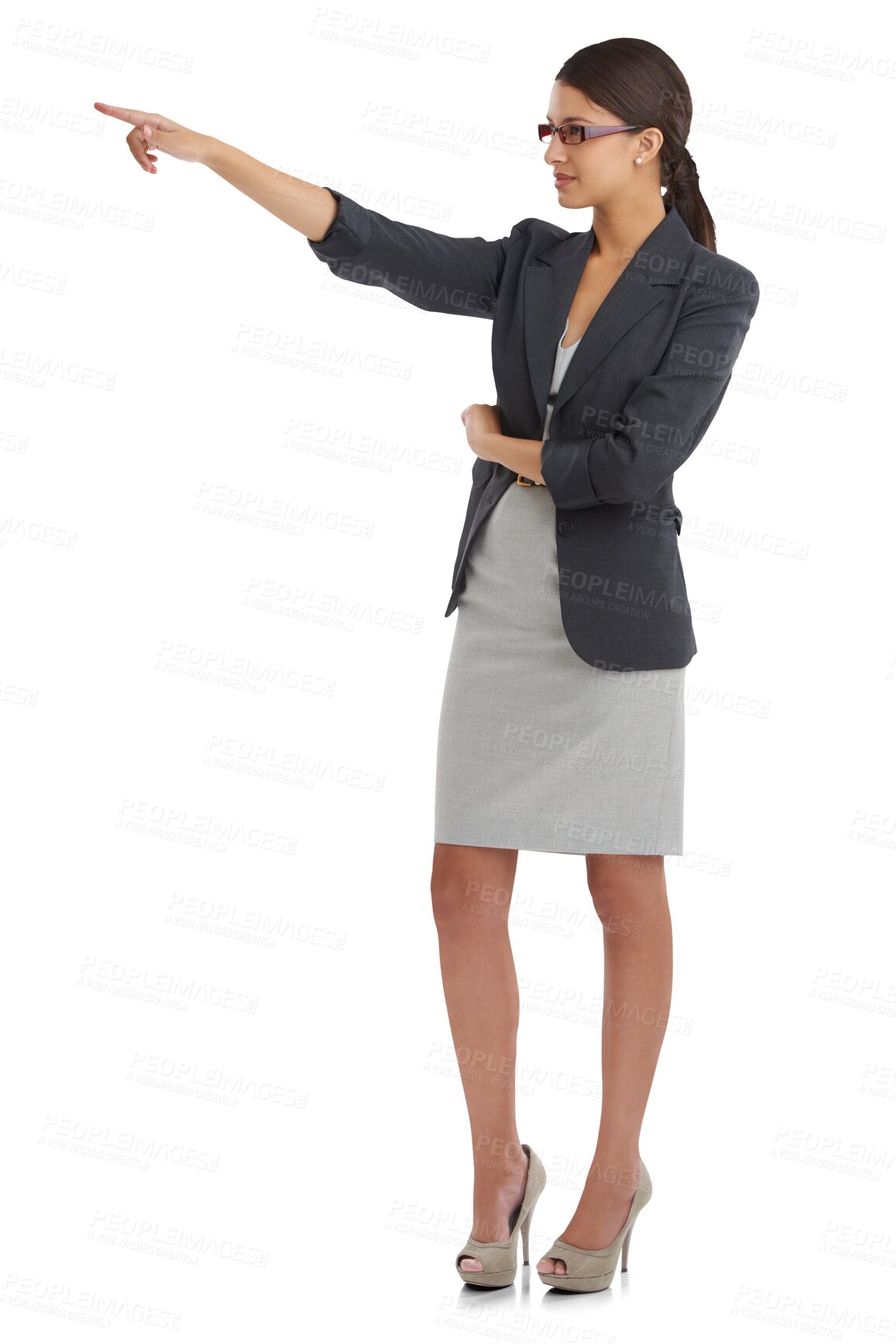 Buy stock photo Promotion, business and woman with opportunity, pointing and employee isolated on transparent background. Person, model and accountant with hand gesture, professional and decision with choice and png