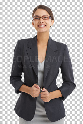 Buy stock photo Woman, portrait and elegant for corporate wear, glasses and fashion on isolated transparent png background. Smile, fashionable and happy with outfit, eyewear and alone for job, style or businesswoman