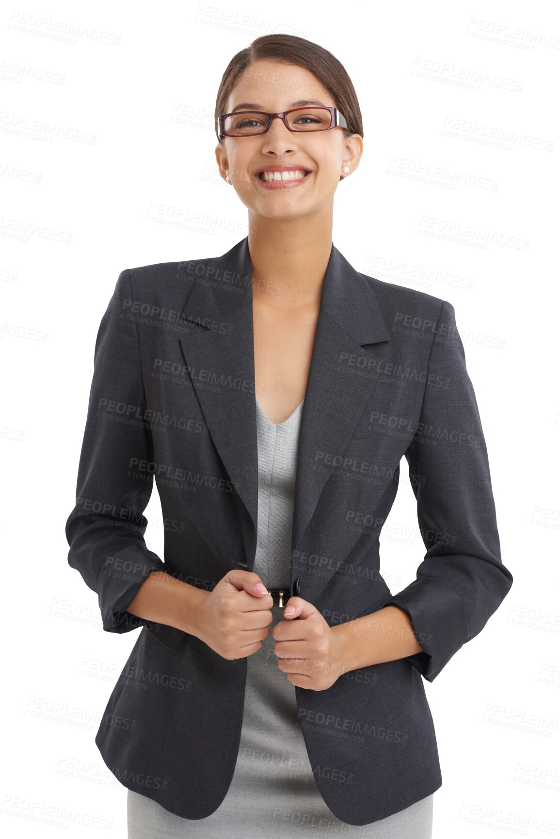 Buy stock photo Woman, portrait and elegant for corporate wear, glasses and fashion on isolated transparent png background. Smile, fashionable and happy with outfit, eyewear and alone for job, style or businesswoman