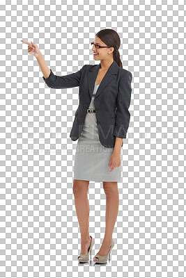 Buy stock photo Business, happy woman or pointing to offer, announcement or advertising for investment growth. Transparent, png background or entrepreneur marketing for promotion, deal or commercial news in review