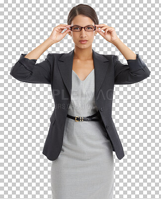 Buy stock photo Woman, portrait and glasses for corporate, serious and elegant isolated on transparent png background. Young, fashionable and confident with outfit, eyewear and alone for job, style or businesswoman