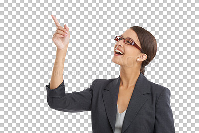 Buy stock photo Excited, business and woman with opportunity, pointing and employee isolated on transparent background. Person, model and accountant with hand gesture, professional and decision with promotion or png