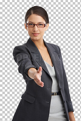 Buy stock photo Hiring, portrait or businesswoman in handshake agreement isolated on transparent png background. Start, female manager or shaking hands for job promotion, deal negotiation or partnership opportunity