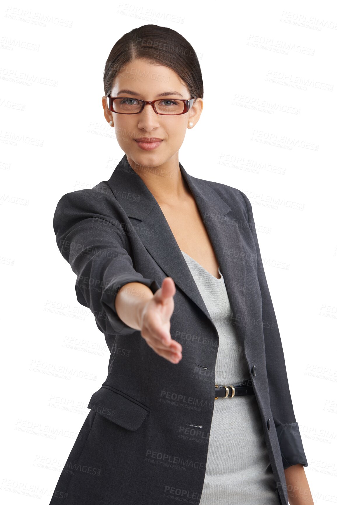 Buy stock photo Hiring, portrait or businesswoman in handshake agreement isolated on transparent png background. Start, female manager or shaking hands for job promotion, deal negotiation or partnership opportunity