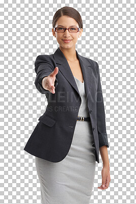 Buy stock photo Hiring, portrait or businesswoman shaking hands in b2b agreement isolated on transparent png. Background, female manager or handshake for job promotion, deal negotiation or partnership opportunity