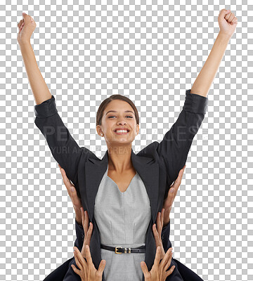 Buy stock photo Business woman, winner and success with hands for team celebration, congratulations and yes or victory. Portrait of professional manager with arms up, power and winning on transparent, png background