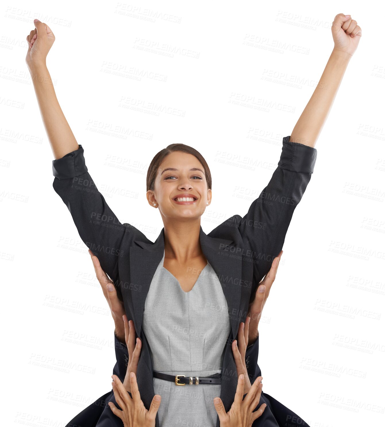 Buy stock photo Business woman, winner and success with hands for team celebration, congratulations and yes or victory. Portrait of professional manager with arms up, power and winning on transparent, png background