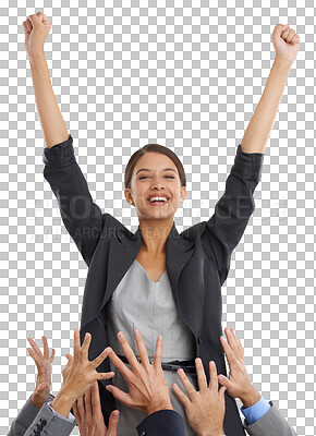 Buy stock photo Happy, business and woman with celebration, promotion and success isolated on a transparent background. Person, hands and employee with victory, winning and cheering with achievement, png and winner