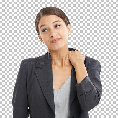 Buy stock photo Employee, business and woman with neck pain, burnout and consultant isolated on a transparent background. Person, worker and model with fatigue, anxiety and inflammation with png, thinking and stress