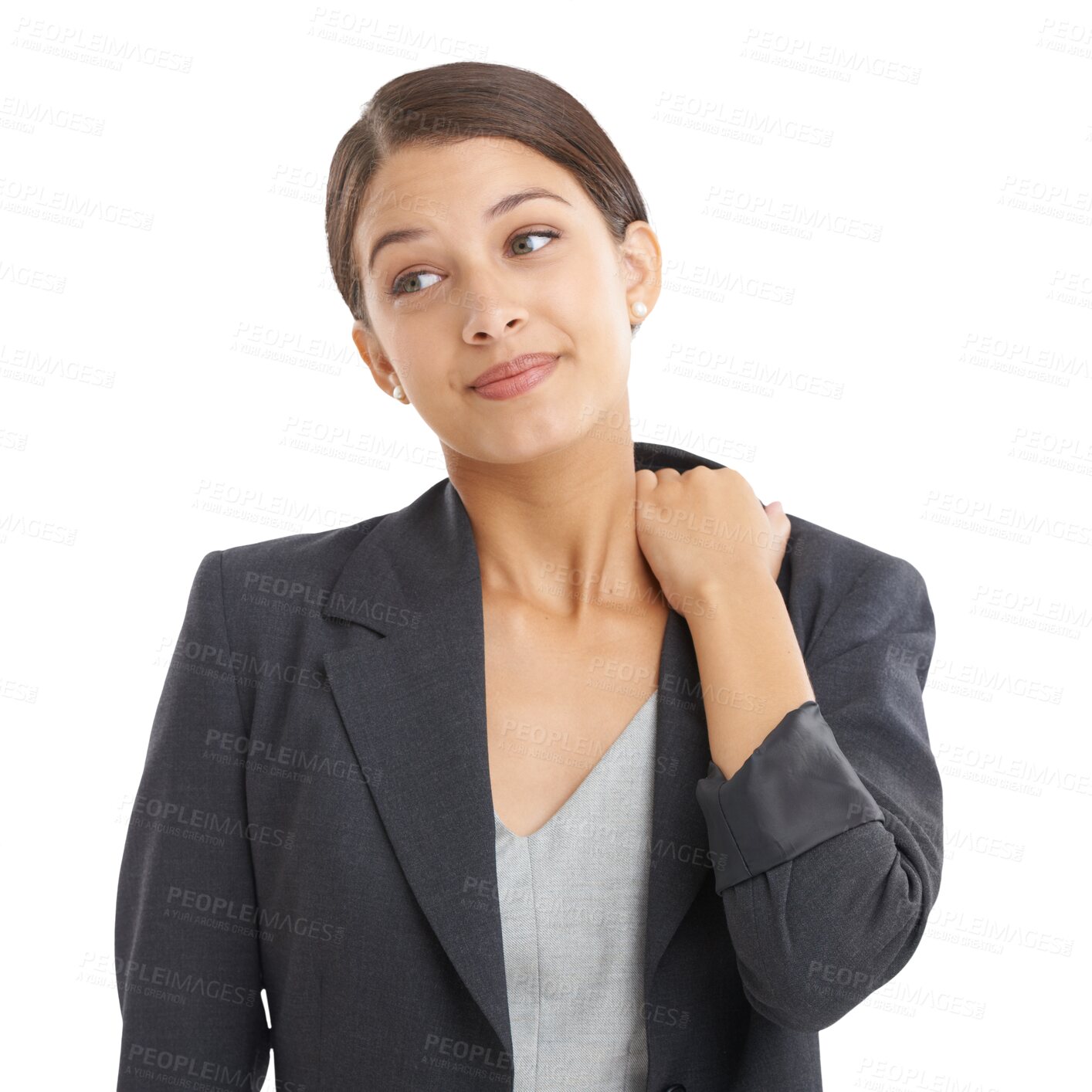 Buy stock photo Employee, business and woman with neck pain, burnout and consultant isolated on a transparent background. Person, worker and model with fatigue, anxiety and inflammation with png, thinking and stress