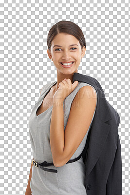 Buy stock photo Portrait, business woman and smile with jacket for corporate career isolated on transparent png background. Face, happy professional entrepreneur or confident worker, consultant or employee in Brazil