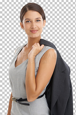 Buy stock photo Portrait, business woman and confidence for corporate career or job isolated on a transparent png background. Happy professional entrepreneur, employee and consultant in jacket or dress in Brazil