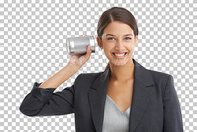 Buy stock photo Business woman, communication and listening with can for information, sound wave or hearing in portrait. Happy employee with tin for connection or telephone isolated on a transparent PNG background