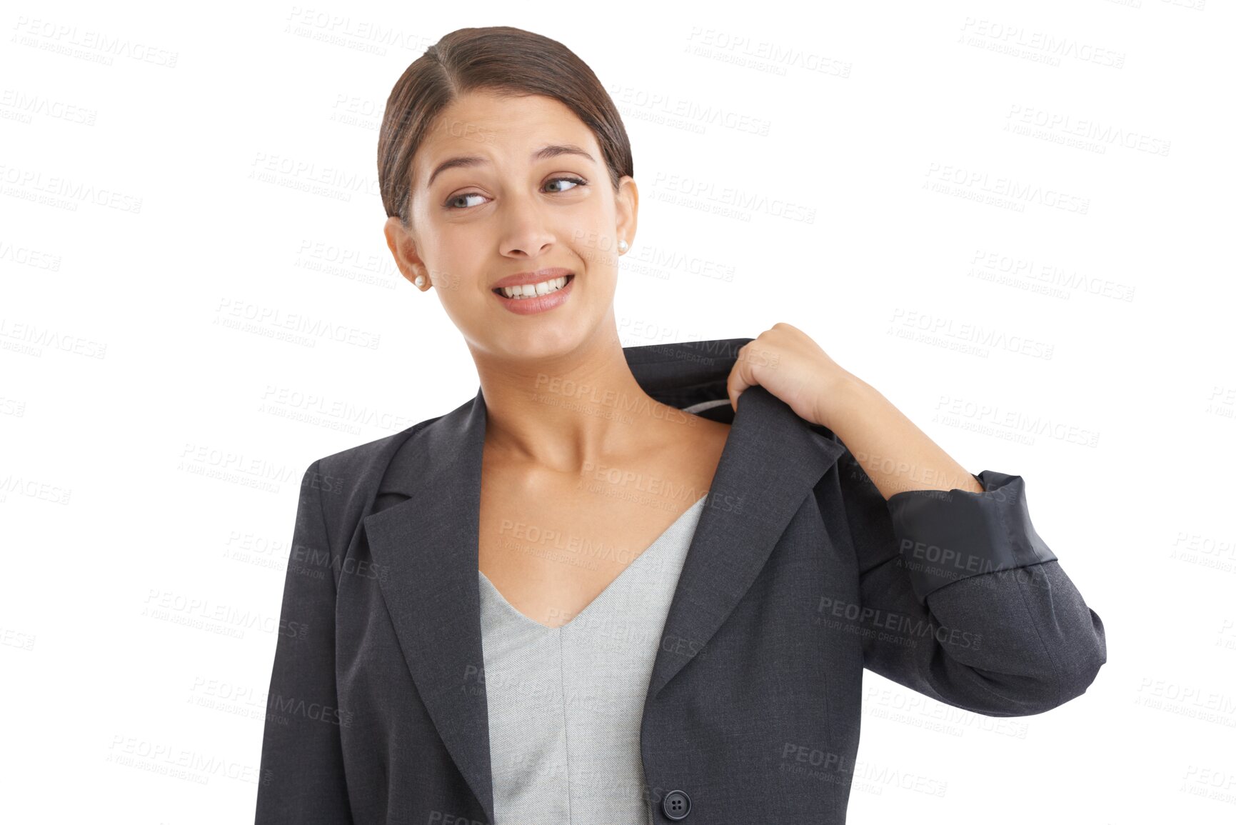 Buy stock photo Nervous, sweating and a business woman hot under the collar while isolated on a transparent background. Anxiety, pressure and a young employee on PNG feeling the heat of an economic financial crisis