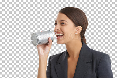 Buy stock photo Tin can telephone, business and woman with talking, smile and accountant isolated on transparent background. Person, model or employee with fun, playful or speech with conversation, consultant or png