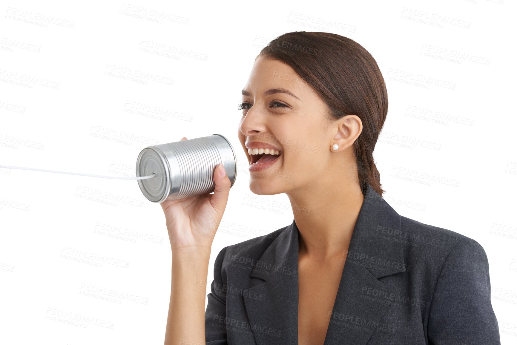 Buy stock photo Tin can telephone, business and woman with talking, smile and accountant isolated on transparent background. Person, model or employee with fun, playful or speech with conversation, consultant or png