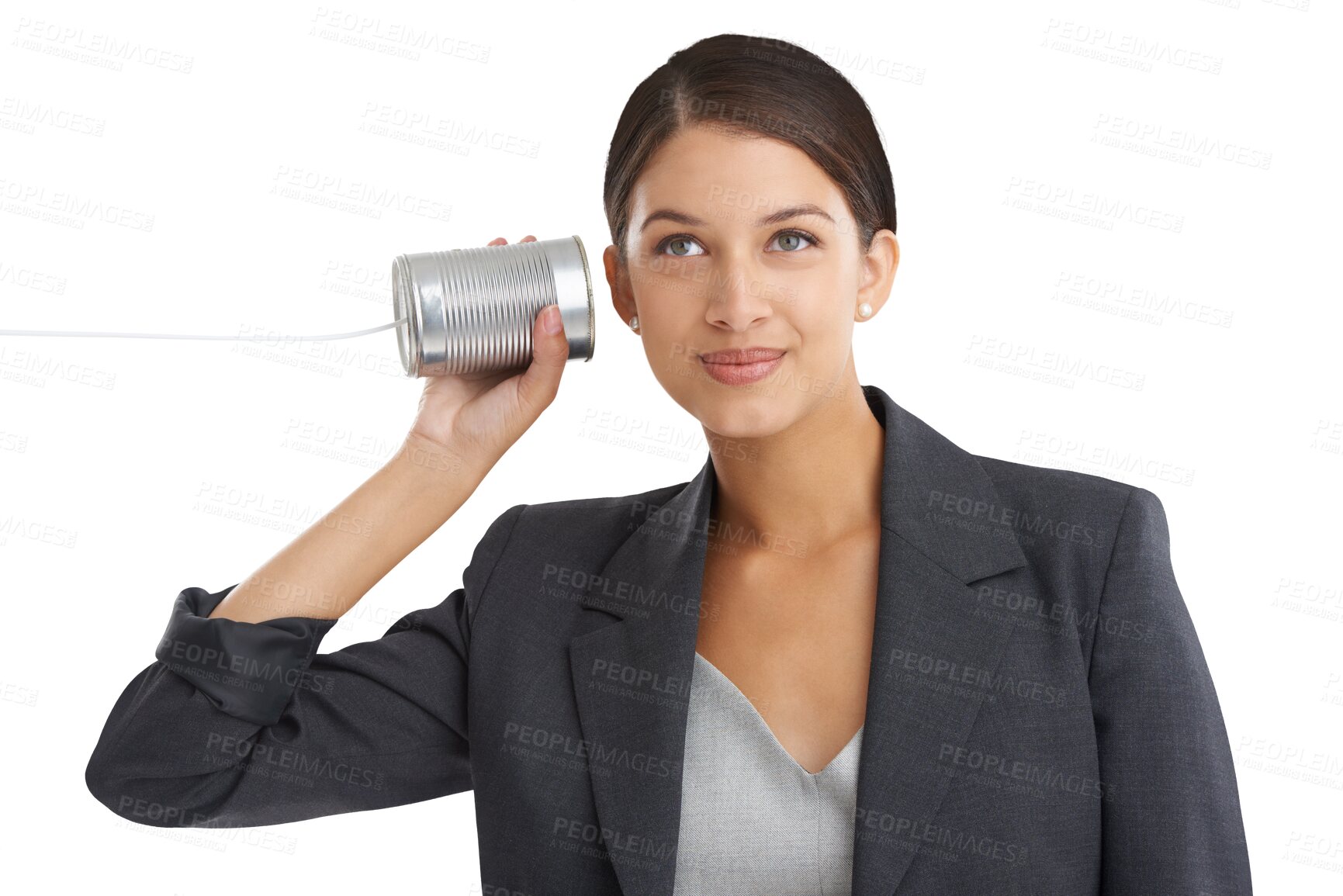 Buy stock photo Woman, can telephone and listening for communication, entrepreneur and isolated on transparent png background. Business, call and conversation with businesswoman, worker and face for corporate job