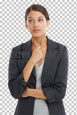 Buy stock photo Business, thinking and woman with anxiety, solution and employee isolated on transparent background. Person, consultant or worker with ideas, png or accountant with stress, anxious or problem solving