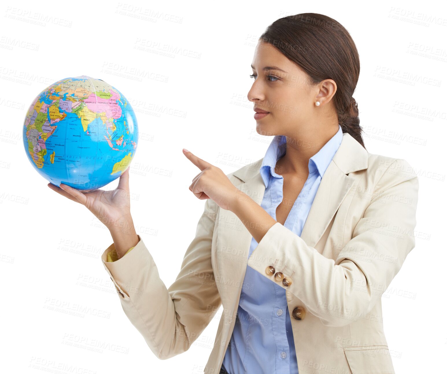 Buy stock photo Woman, pointing and globe for international business, serious and isolated on transparent png background. Professional, businesswoman and worker with geography location for company, job and career
