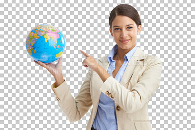 Buy stock photo Business woman, globe and earth presentation for worldwide or international company in portrait. Professional worker pointing to map for geography and travel information on transparent png background