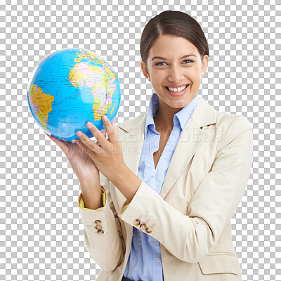 Buy stock photo Woman, portrait and globe for international business, smile and isolated on transparent png background. Professional, businesswoman and worker at corporate company, travel or confidence for world map