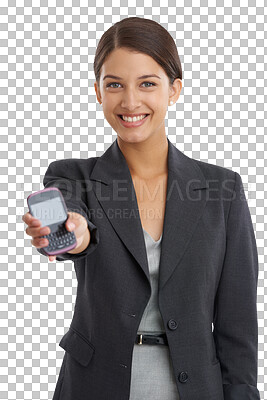 Buy stock photo Portrait, business or woman with smartphone, employee and consultant isolated on transparent background. Face, person or worker with smile, cellphone and digital app with mobile user, png or internet