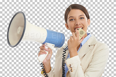 Buy stock photo Business, portrait and woman with megaphone, announcement and equality isolated on a transparent background. Person, model and employee with a bullhorn, speech and conversation with png and activist