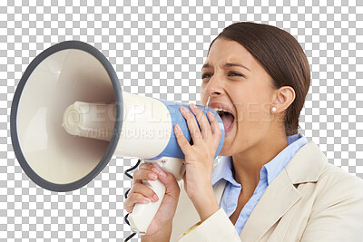 Buy stock photo Megaphone, corporate or angry businesswoman shouting isolated on transparent png background. Professional, frustrated or worker screaming with speaker for breaking news, announcement or communication