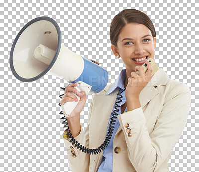 Buy stock photo Business, portrait and woman with megaphone, smile and consultant isolated on a transparent background. Face, person and model with bullhorn, employee and announcement with png, talking and speaking