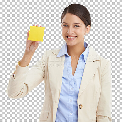 Buy stock photo Business woman, sticky note and portrait for planning, project management and ideas or reminder mockup. Happy worker in marketing with paper space for brainstorming on a transparent, png background