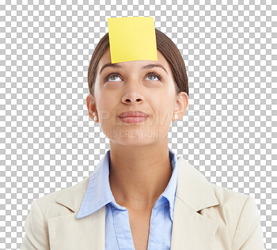 Buy stock photo Business woman, sticky note and head for ideas, thinking of solution and inspiration or problem solving mockup. Happy worker with paper for mindset and brainstorming on a transparent, png background