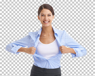 Buy stock photo Business, woman or superhero in shirt for portrait, attitude or happy professional in career growth. Young entrepreneur, smile face and confident with job and isolated on transparent png background 