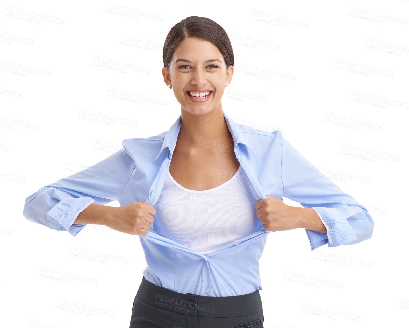 Buy stock photo Business, woman or superhero in shirt for portrait, attitude or happy professional in career growth. Young entrepreneur, smile face and confident with job and isolated on transparent png background 